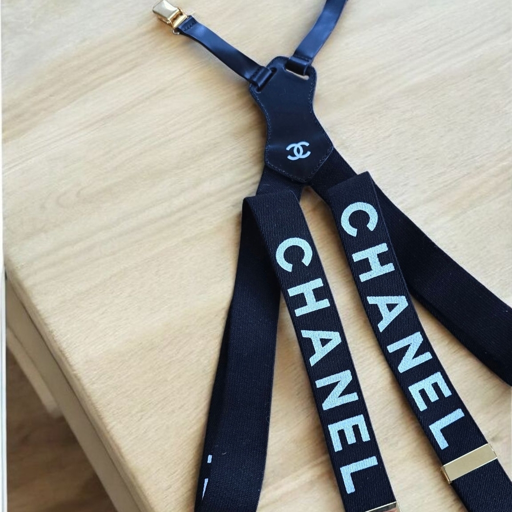 CHANEL Black Suspenders with White Logo